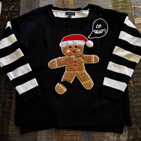 Blizzard Bay Sweaters - Womens Christmas Sweater Gingerbread Man Oh Snap Black White Stripes Size XL